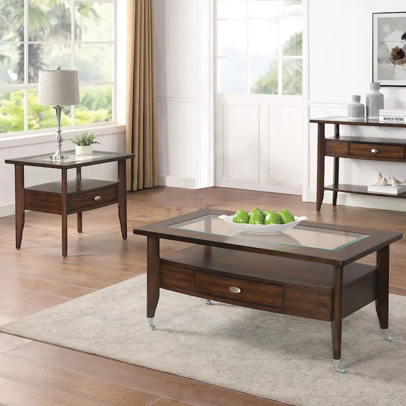 Genoas Traditional Walnut Glass 2-Piece Coffee Table Set with Drawer by Furniture of America
