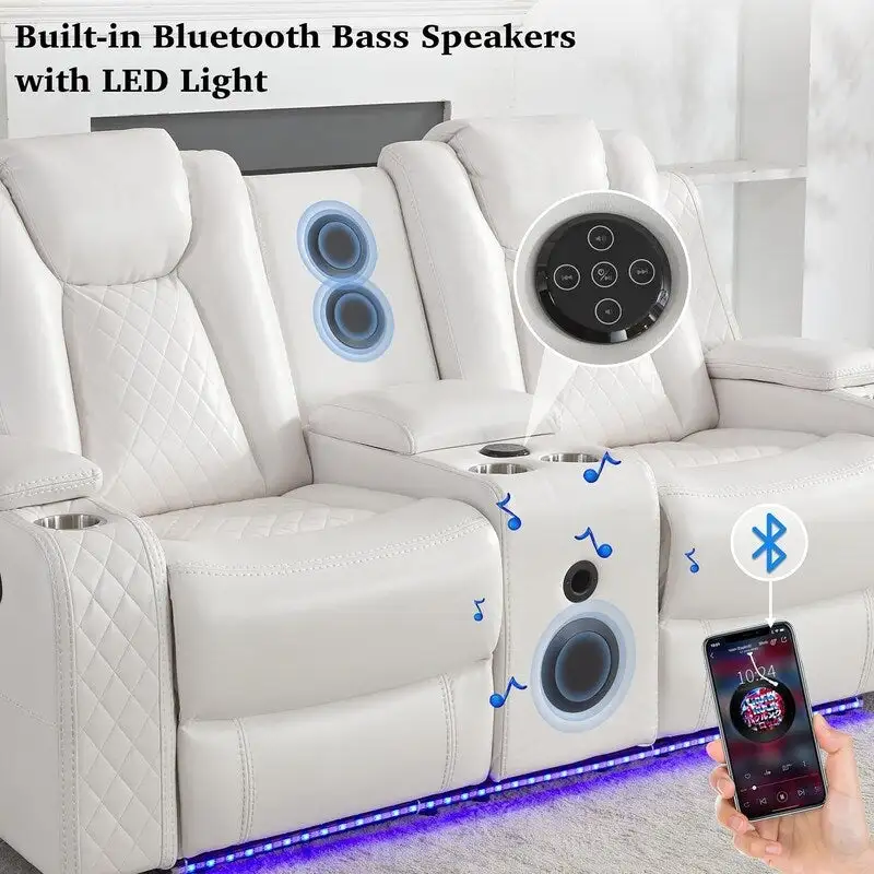 Power Reclining Sofa with Wireless Charger & LED Light – Faux Leather, Black