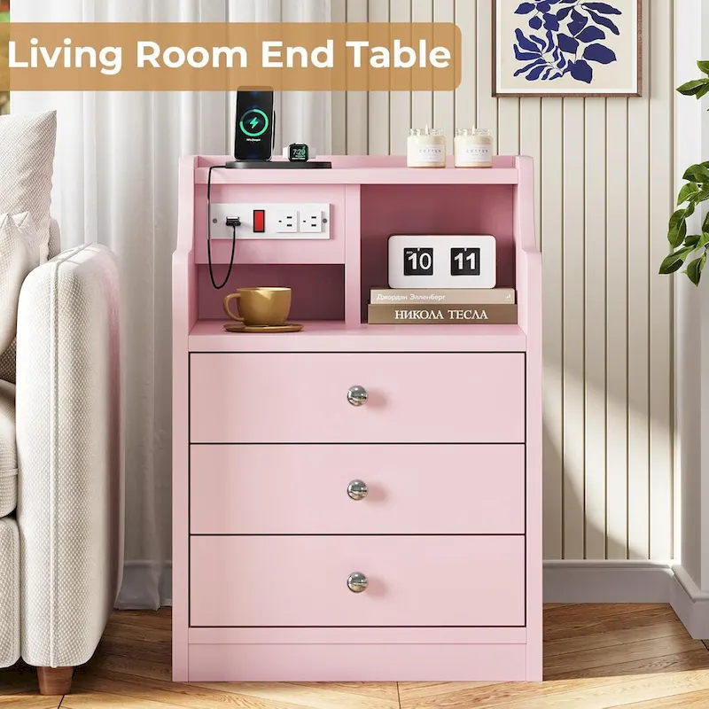 3-Drawer Nightstand with Built-in Charging Station and Open Shelf – White / Pink / Grey / Black, for 1 Person