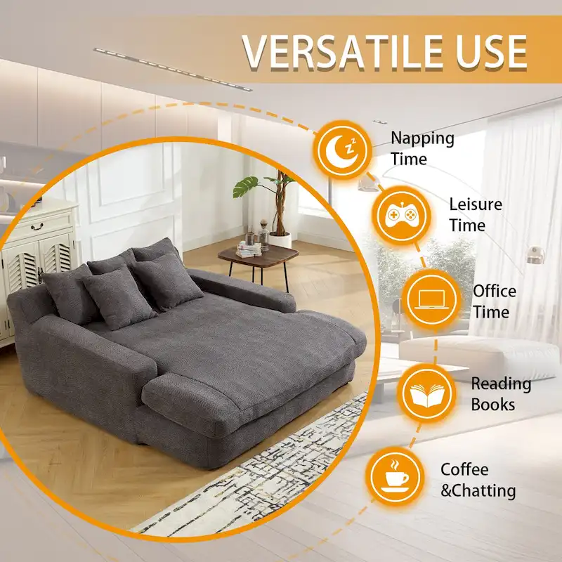 Chenille Upholstered 2-seater Deep Seat lazy sofa bed With 5 back pillows