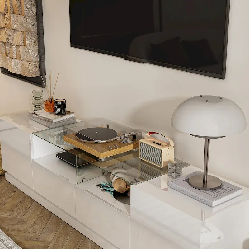 White LED TV Stand 70 TV High Gloss TV Entertainment Center Glass Top