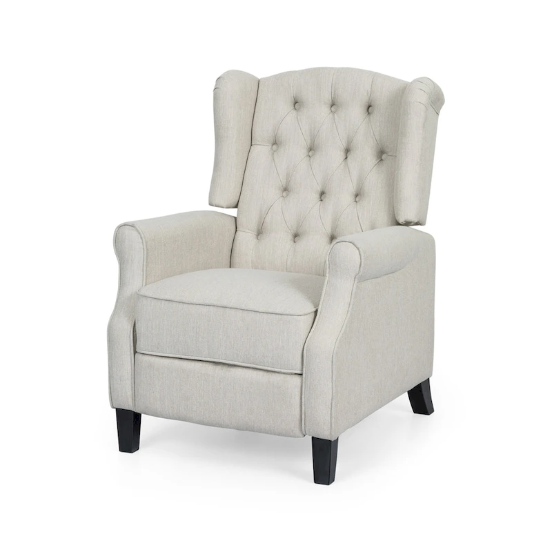 Modern Wingback Push-Back Recliner with Footrest, Button-tufted, Birch Legs