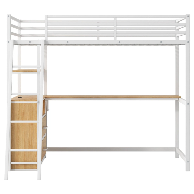 Oak Natural Wood + Antique White Twin Metal Wood Loft Bed with Desk & LED Light