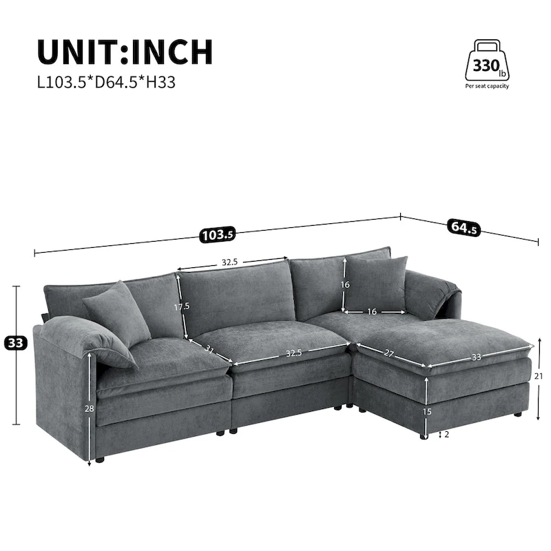 103.5 Chenille Sectional Sofa with 4-Seat L-Shaped Cloud Couch and Ottoman & Pocket Spring Cushions (330lb Capacity)