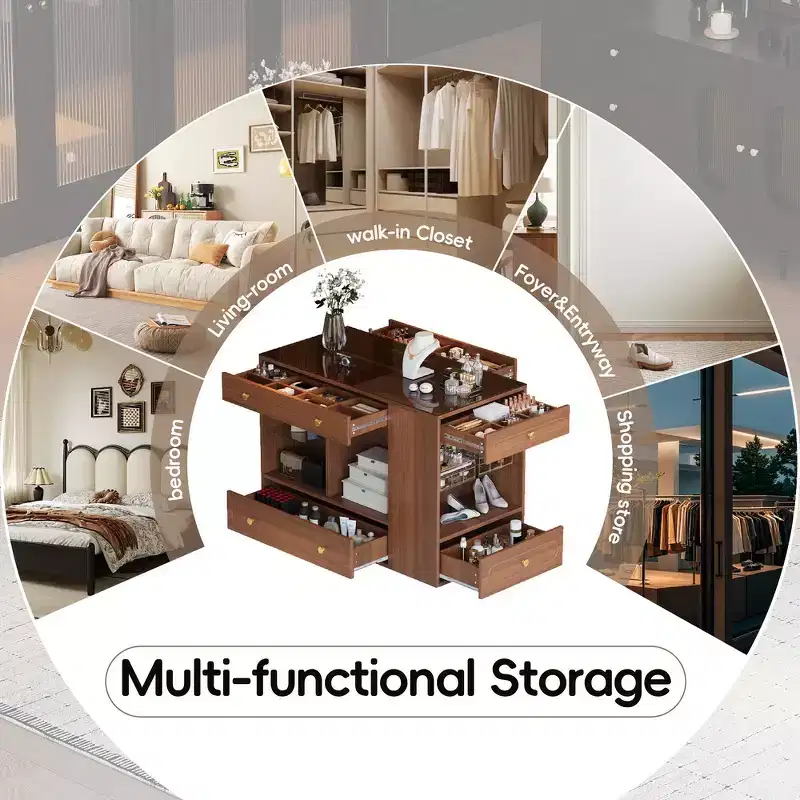Whisen Closet Island with 6 Drawers, Glass Display Top and Open Shelves, Compartments