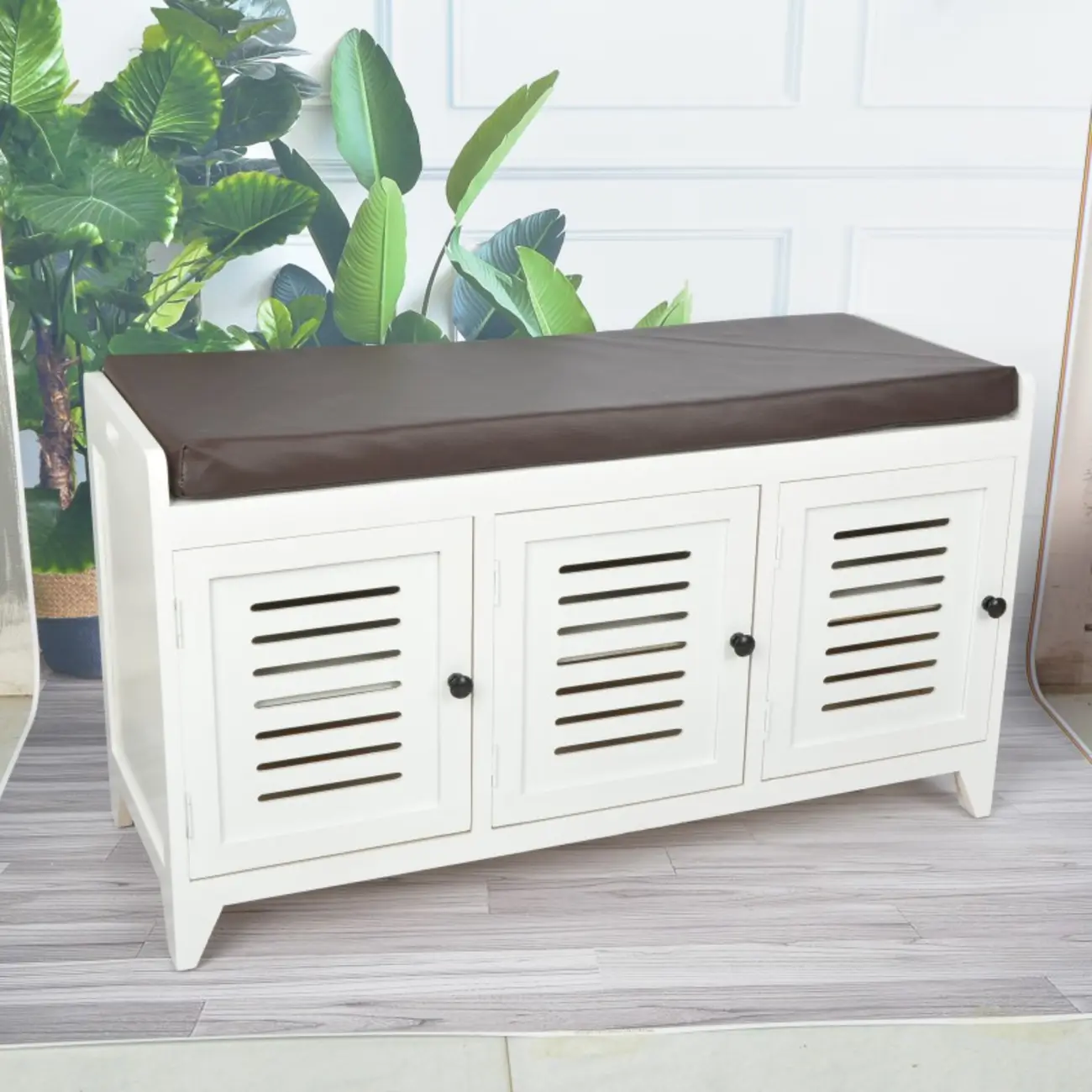 Entryway Wooden Cushioned Shoe Bench with Cabinet