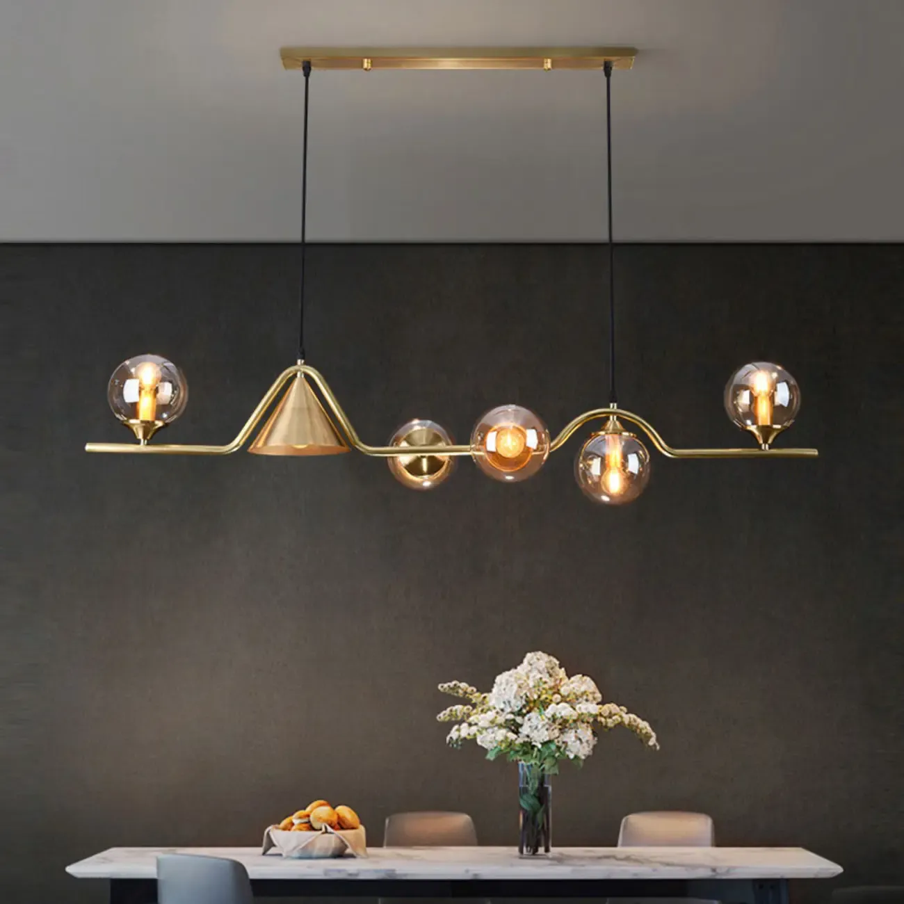 Dining Area Modern Brass Glass LED Island Pendant Light