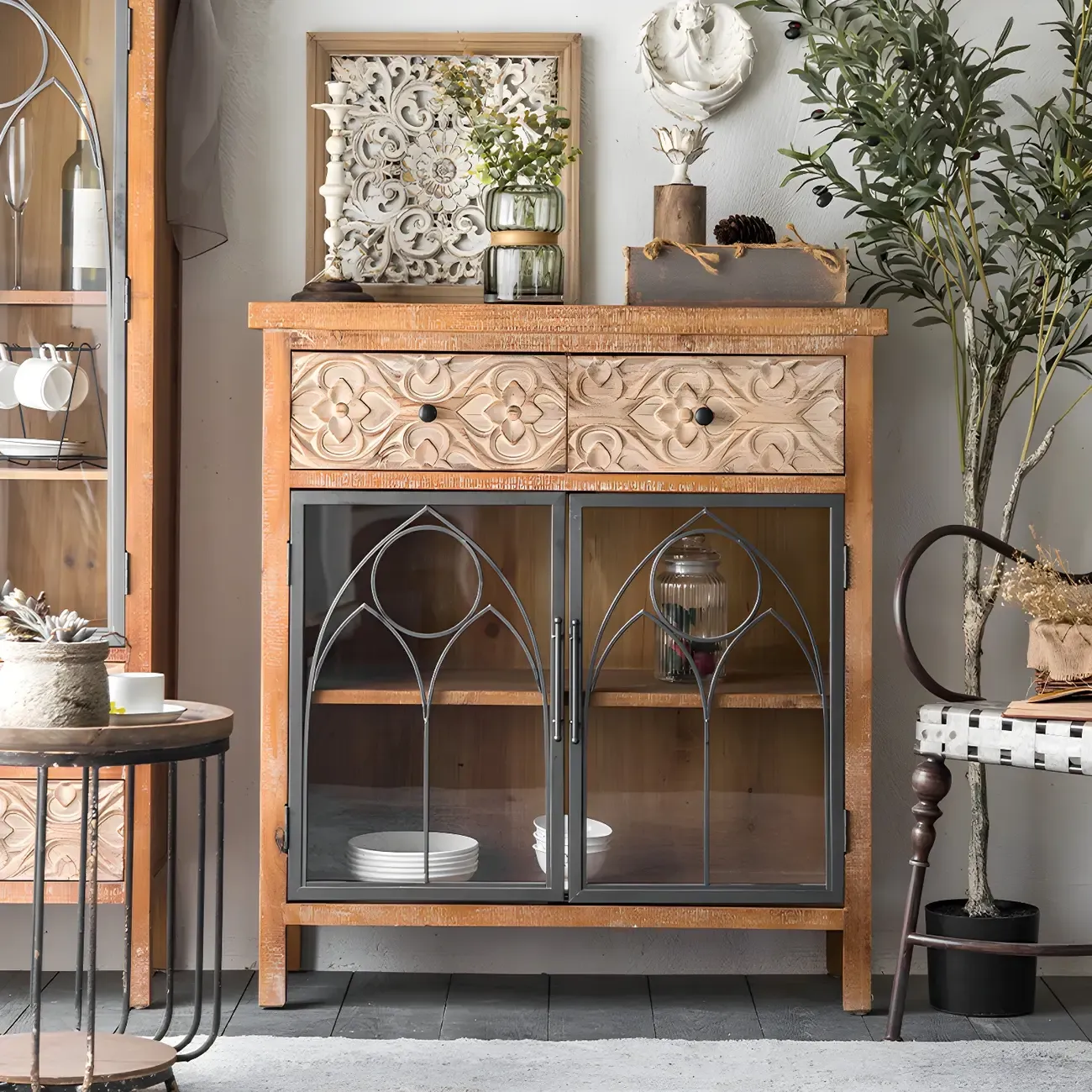 Classic 2-Drawer Brown Medium Wood Glass China Cabinet