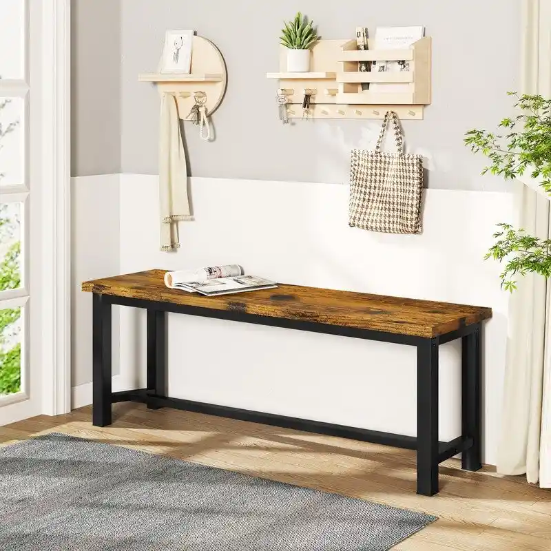 Grondin Industrail Style Dining Bench 2 Pieces Set, Wooden & Steel Dining Benches Set of 2, Durable and Stable Entryway Benches