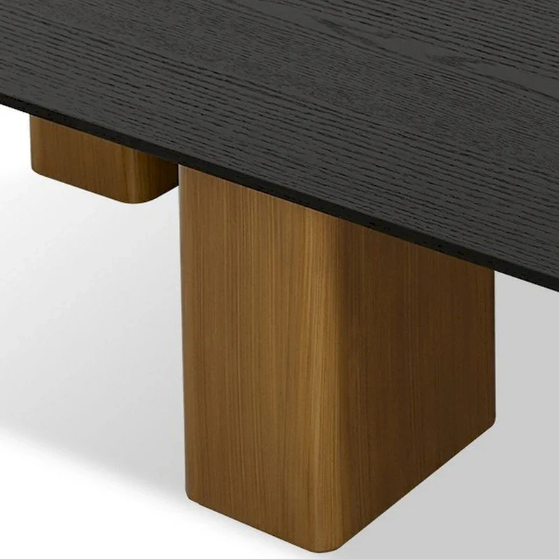 39 Inch Coffee Table, Square Black Veneer, Brushed Gold Block Legs