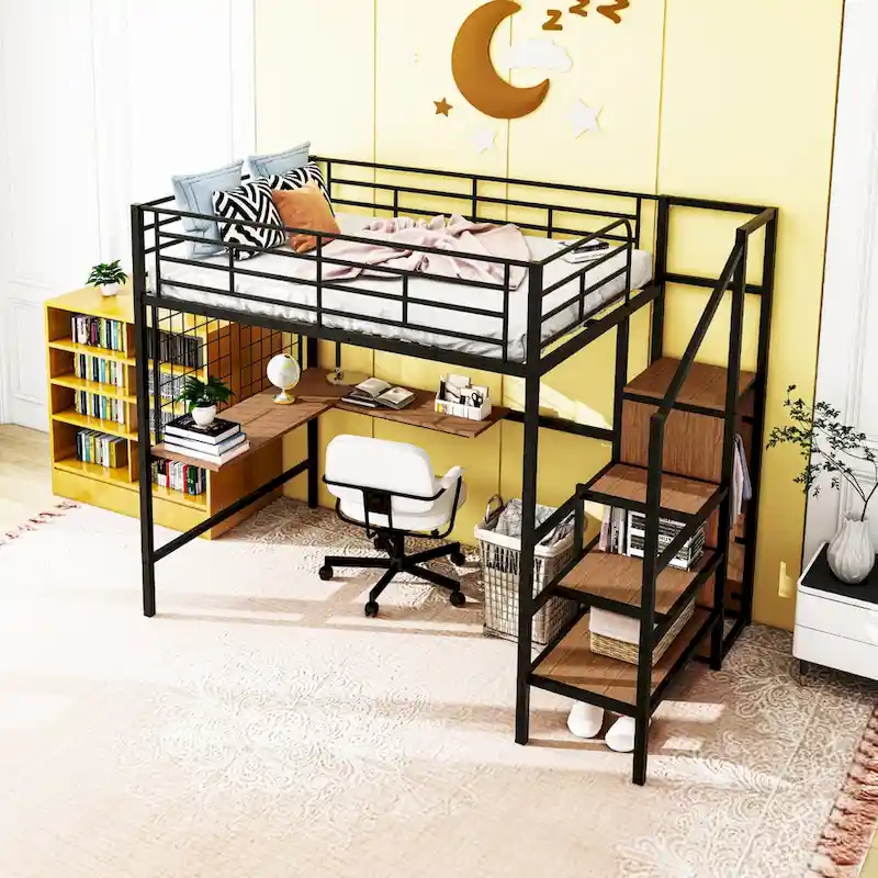 Full Size Metal Loft Bed with Desk and, Stylish Metal Frame with Lateral Storage Ladder and Wardrobe, Black