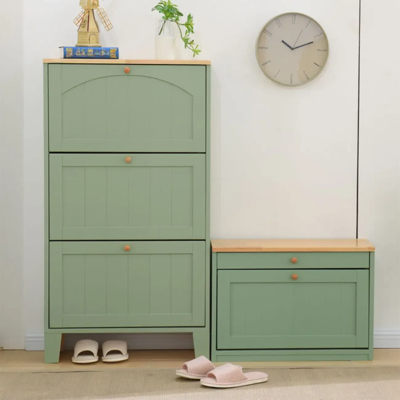 Entryway White/Tawny Wooden Wall-Mounted Shoe Cabinet