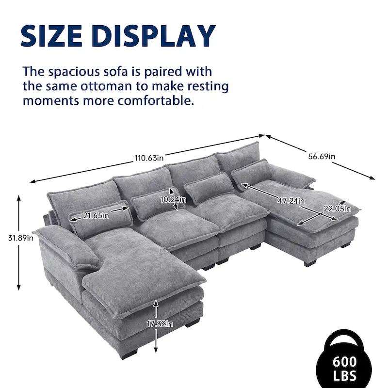 Chenille Upholstered U-Shaped Living Room Sectional Sofa With Wooden Legs