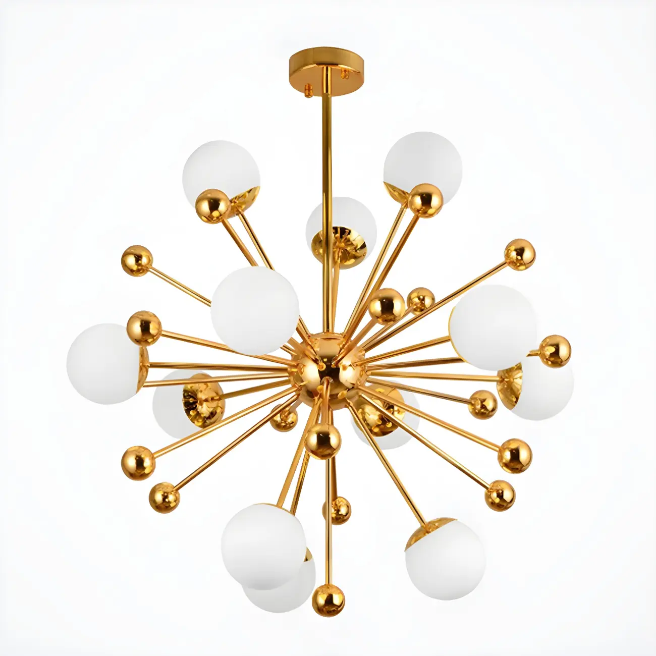 Modern 12-Light White Glass Gold Downrods Sputnik Chandelier