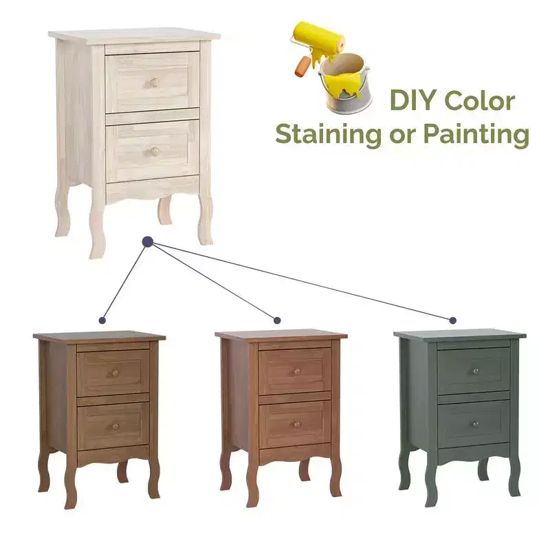 Beige 2-Drawer Rubberwood Nightstand