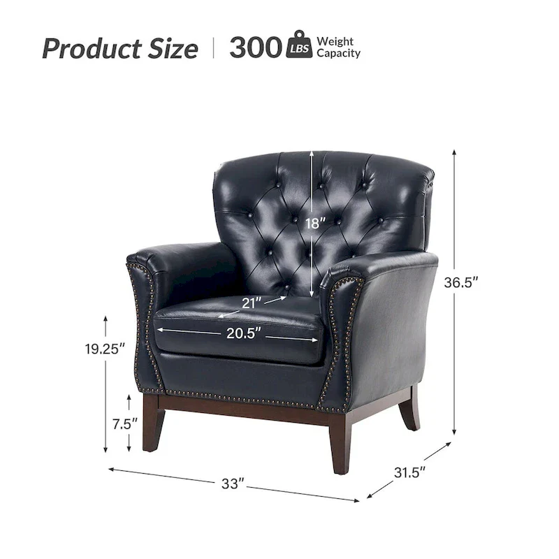 Traditional Genuine Leather Accent Chair with Tufted Wing Back