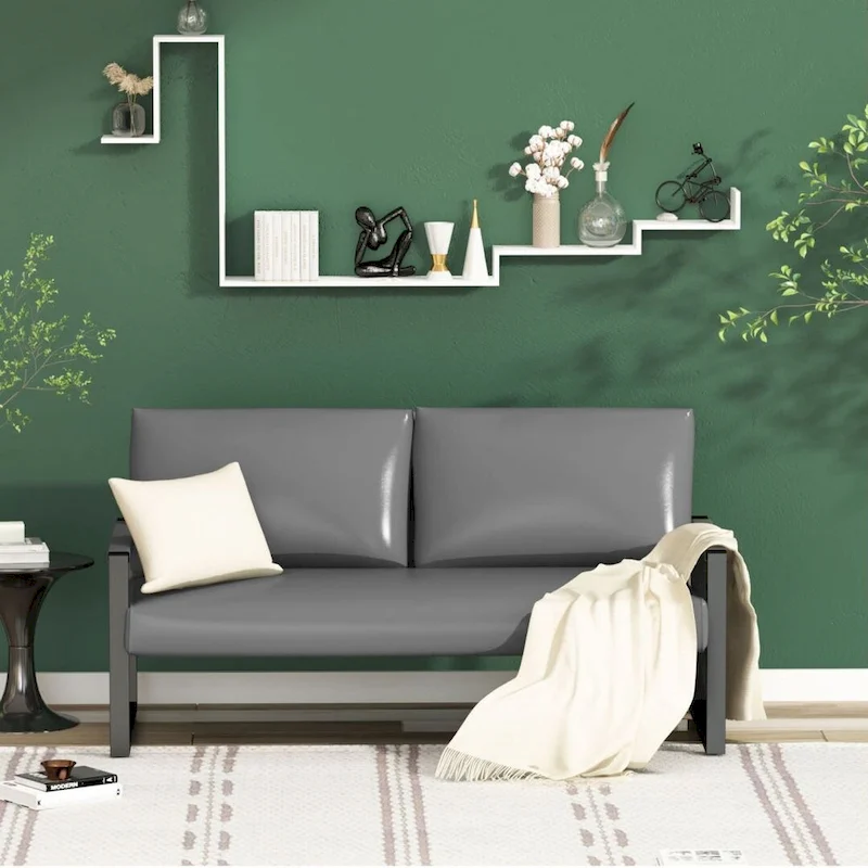 Mieres Mid-Century Style Faux Leather Loveseat Sofa with Steel Frame