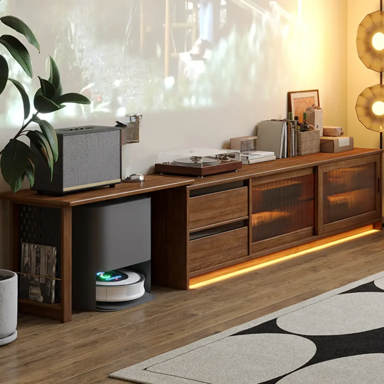 Extendable Long Brown Wood TV Stand with 2 Cabinets