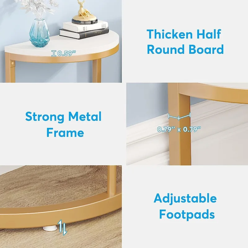 Half Round End Table, Narrow Side Table Slim C Table with Metal Frame