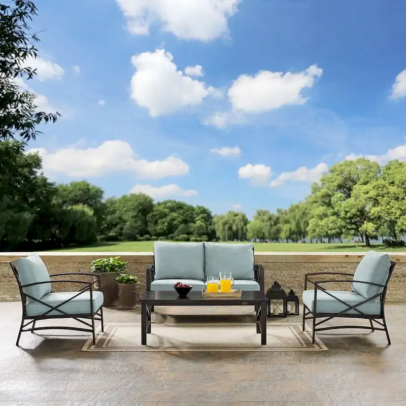 Crosley kaplan 4 pc outdoor seating set with mist cushion - loveseat, two chairs, coffee table - 138.75 W x 72.19 D x 32 H