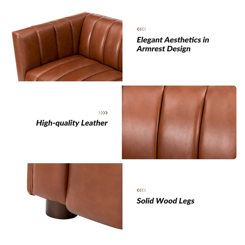 Olinto Modern Camel 83-Inch Genuine Leather Curved Couch with Channel Back by HULALA HOME