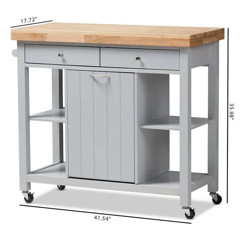 Farmhouse Grey Wood Kitchen Cart with Rubberwood Top