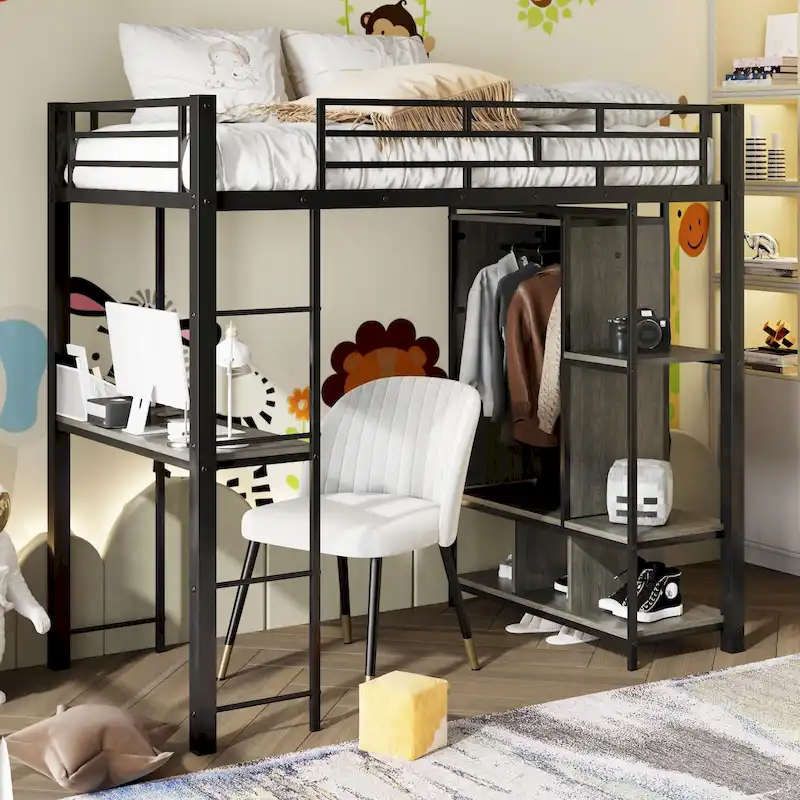 Twin Metal Loft Bed with Built-in Wardrobe & Desk
