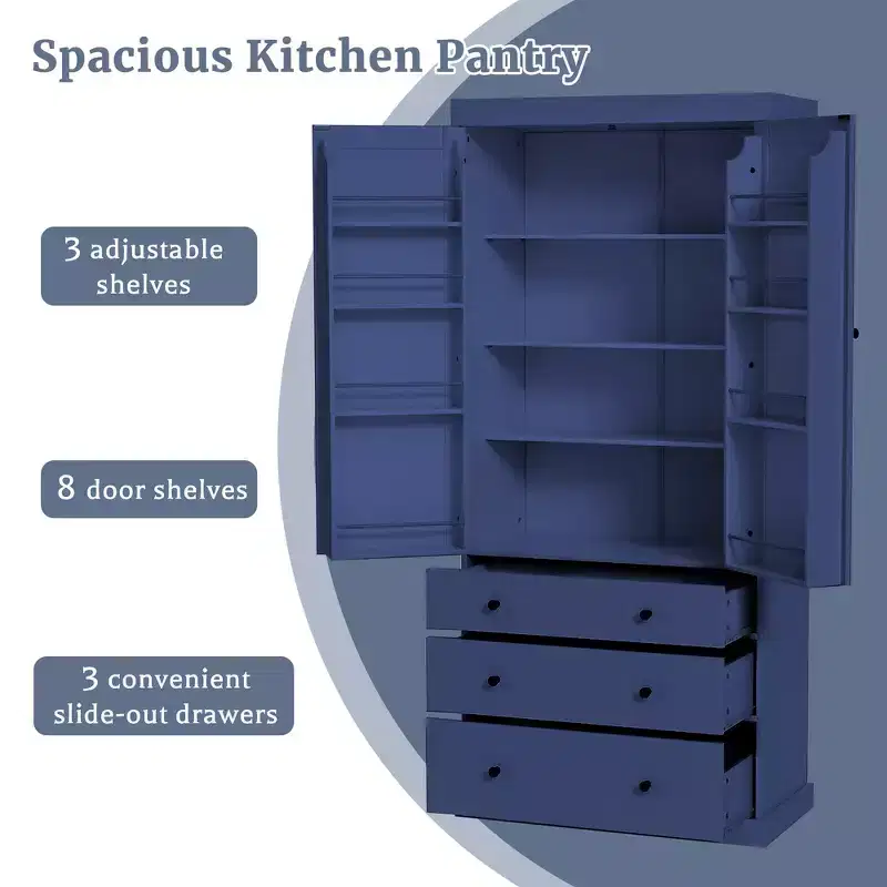 Whisen Freestanding Kitchen Pantry Organizer, Cabinet with 3-Adjustable Shelves, 3-Drawers, 8-Door Inner Shelves