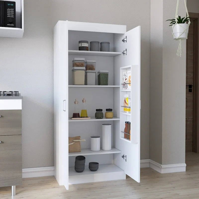 White Tall Pantry Storage Cabinet with 5 Interior Shelves