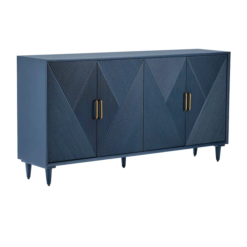 Navy Blue 4-Door Wooden Sideboard with Geometric Pattern & Gold Hardware