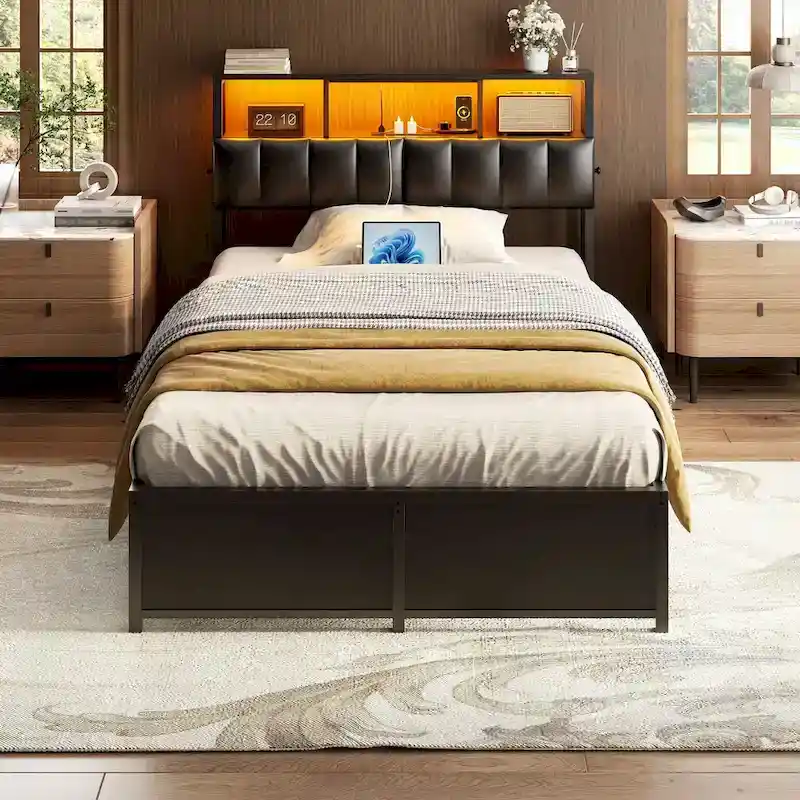 Upholstered Headboard with Hidden Drawer, Head Board with Power Outlet and LED Light