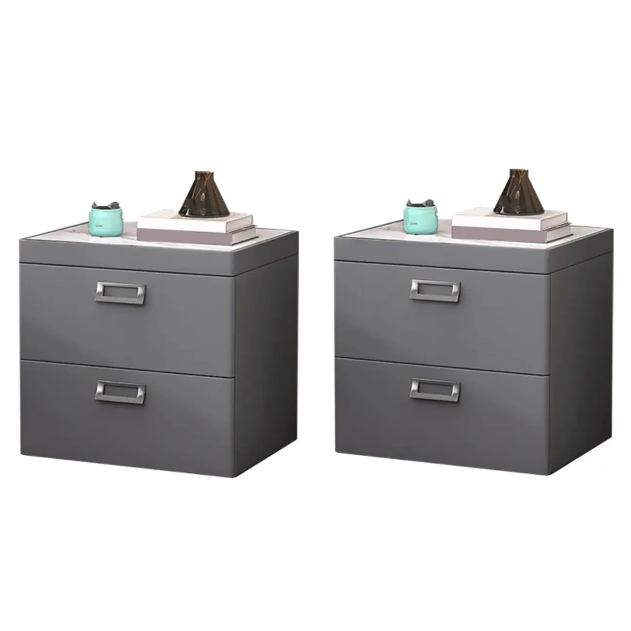 Modern Faux Leather 2 Drawers Nightstand with Stone Top