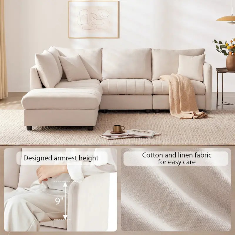 Modern L-Shape Sectional Sofa with Vertical Stripes,2 Pillows,Ottoman,Various Combinations,Beige