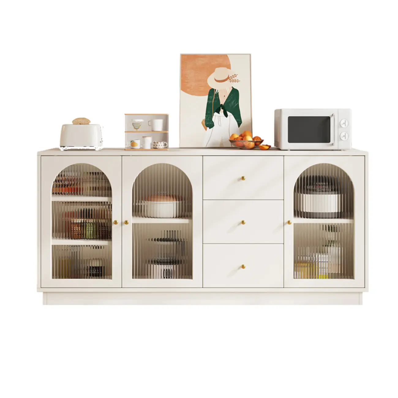 Elegant Adjustable Arched Glass Wood Buffet Cabinet with 3 Drawers