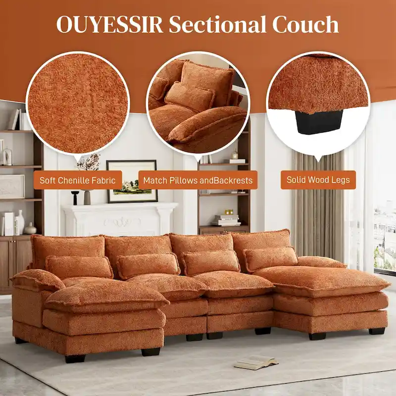 Ouyessir Large Chenille Fabric U-shaped Sectional Sofa with Cushions
