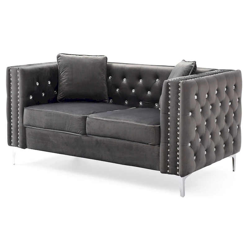 Tufted Nailhead Trim Velvet 2-Seater Sofa with Throw Pillows - 63 - Gray