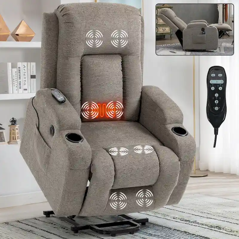 Power Lift Recliner Chair, Modern Single Motor Massage Sofa Chair with Lumbar Heating, USB Charging Port, Cup Holders