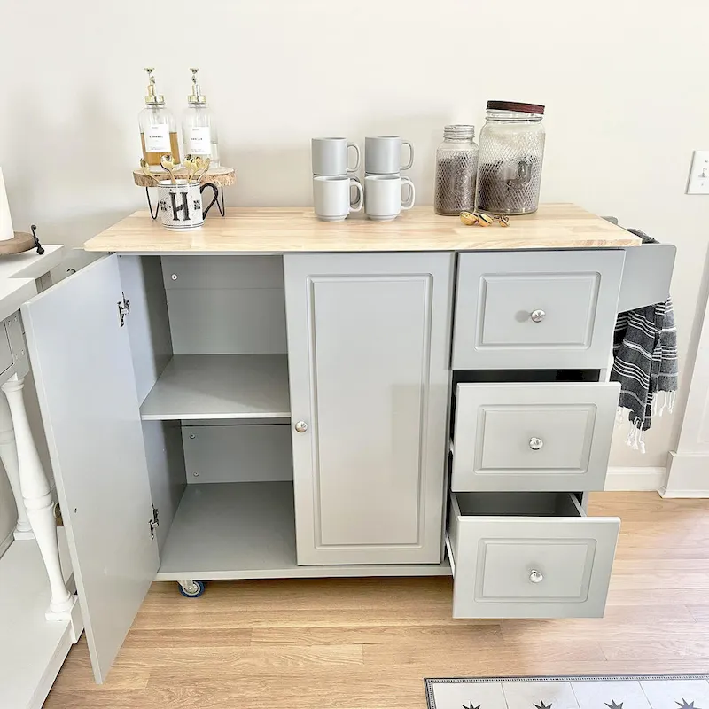 Kitchen Island Cart with Drop-Leaf and Rubber Wood Top, Rolling Kitchen Trolley Cart Cabinet