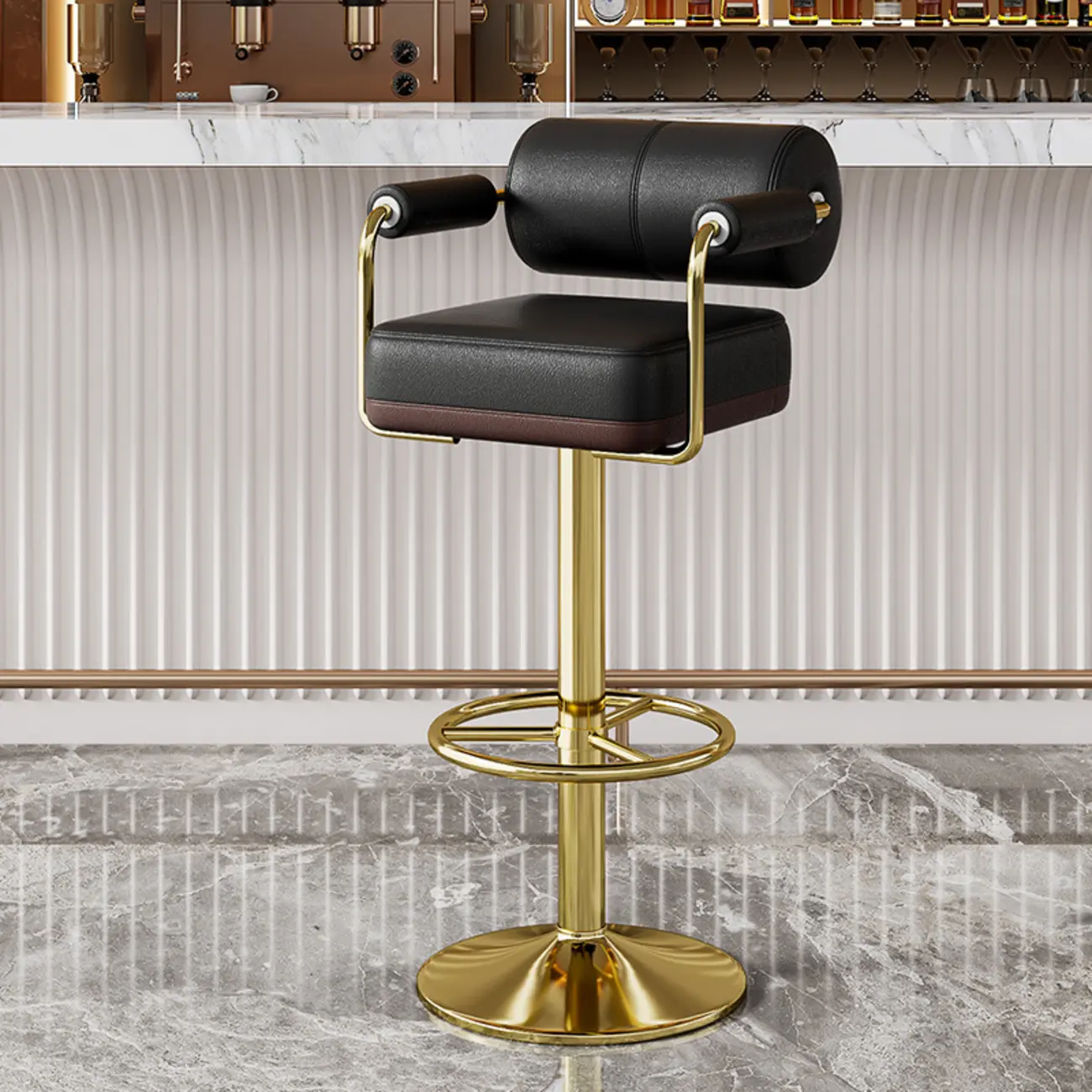Square Adjustable Leather Gold Legs Swivel Bar Stools