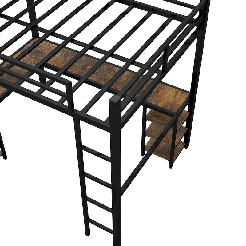 Black Full Metal Loft Bed with Desk & Shelves
