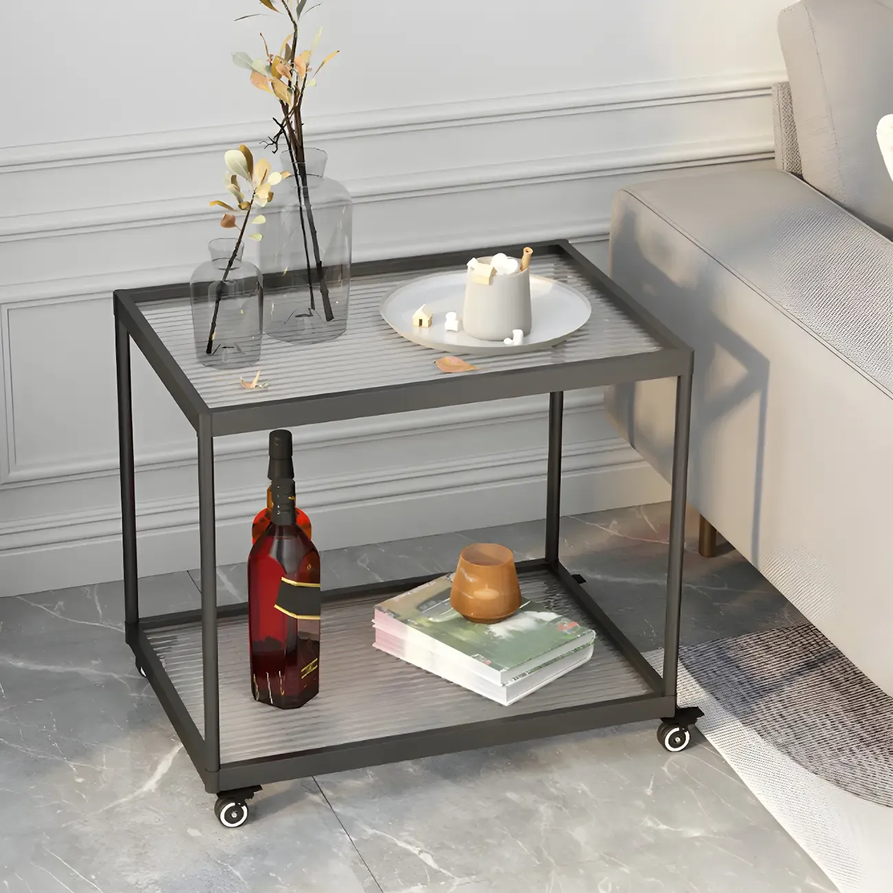 Gold Glass Rectangular Top Shelf Side Table on Wheels