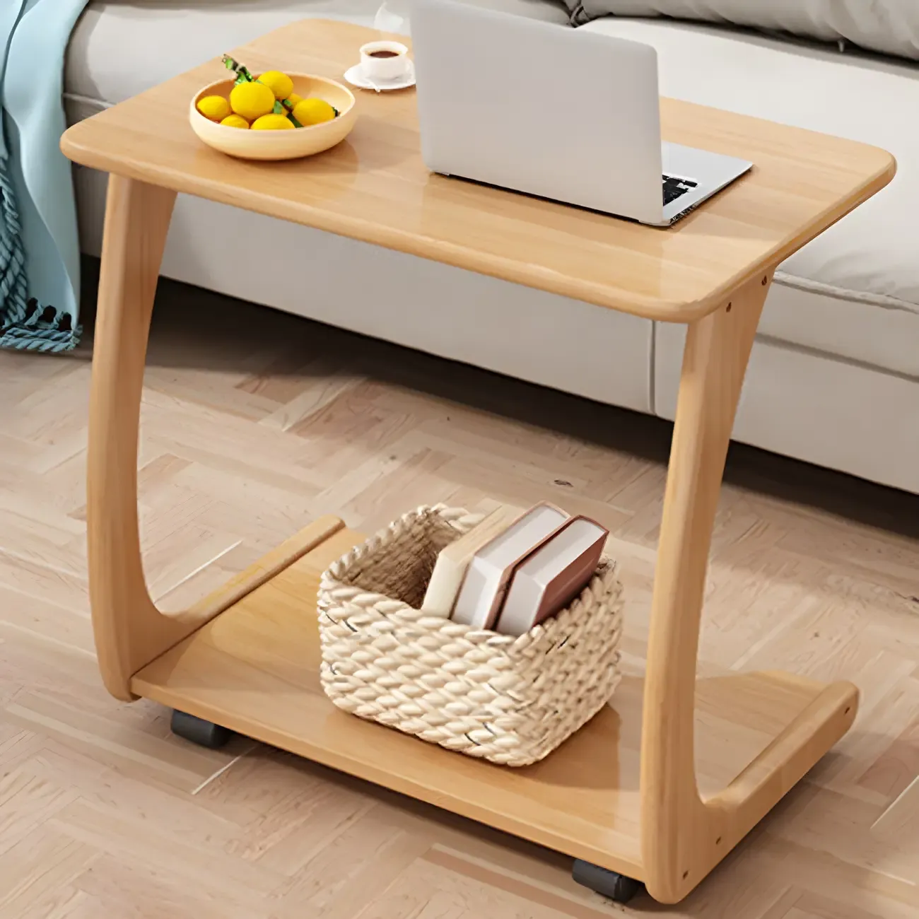 Walnut C-Shaped Side Table With Casters