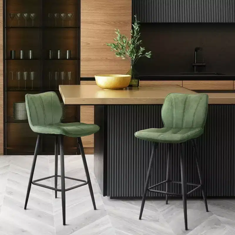 2 Piece Faux Leather Bar Chair in Green with Metal Legs