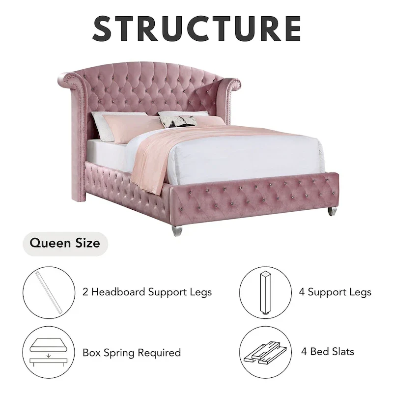 Vyvi Glam Upholstered Pink Button Tufted Wingback Panel Bed by Furniture of America