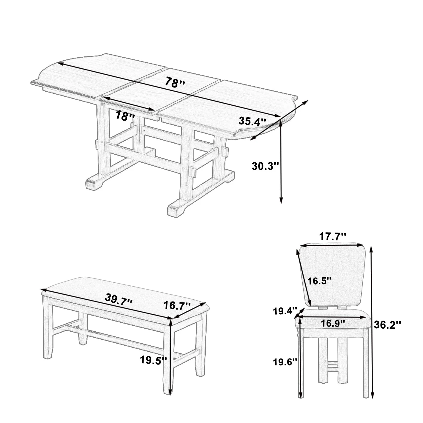 Traditional Farmhouse 6 Pieces 78 Extendable Dining Table Set with Bench