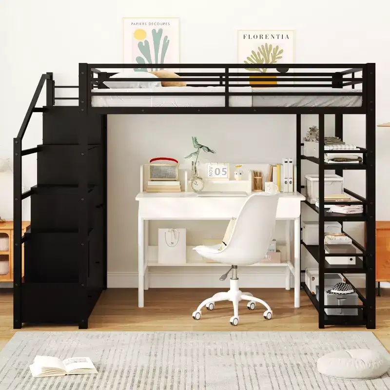 Metal Loft Bed with 4-Tier Shelves, Wardrobe & Storage Staircase, Full/Queen, 95.7
