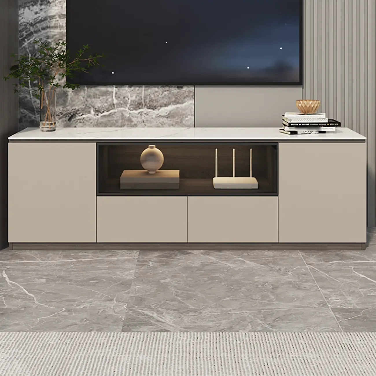 94 Dark Gray Stone Long Cabinet TV Stand with LED Lights