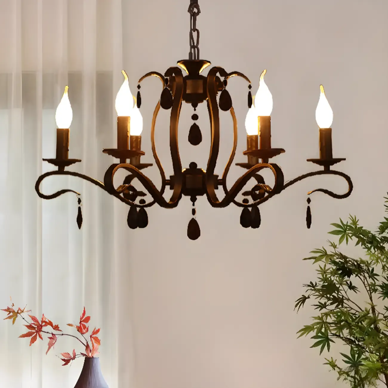 Vintage 6 Lights Black Pendant Chandelier with Candle Design