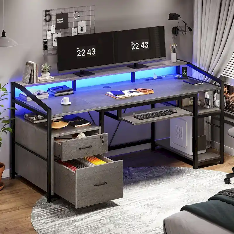 LED Computer Desk With Lock Drawers Keyboard Tray Power Outlet
