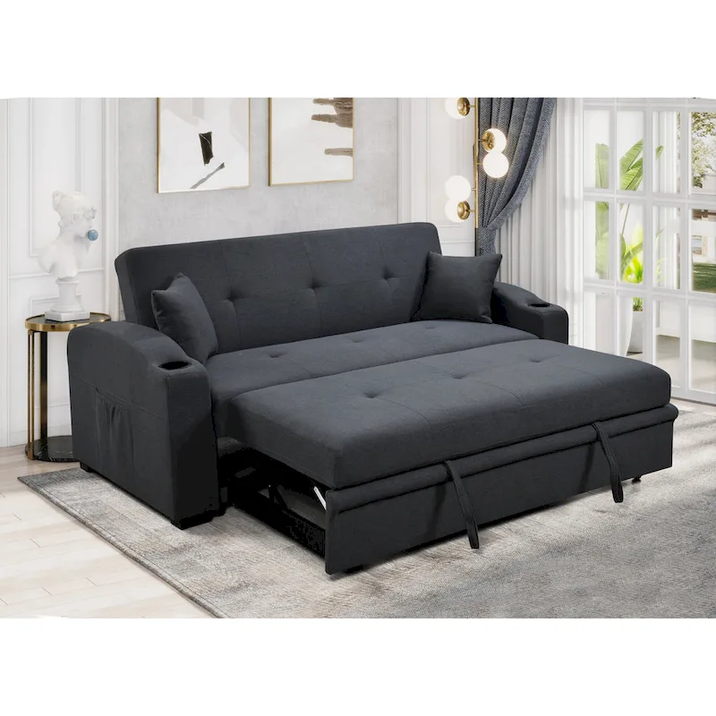 Roomfitters 75 Inch 3 in 1 Convertible Modern Sofa with Convenient Pull Out Bed, Reclining Backrest, Cup Holders, Pillows